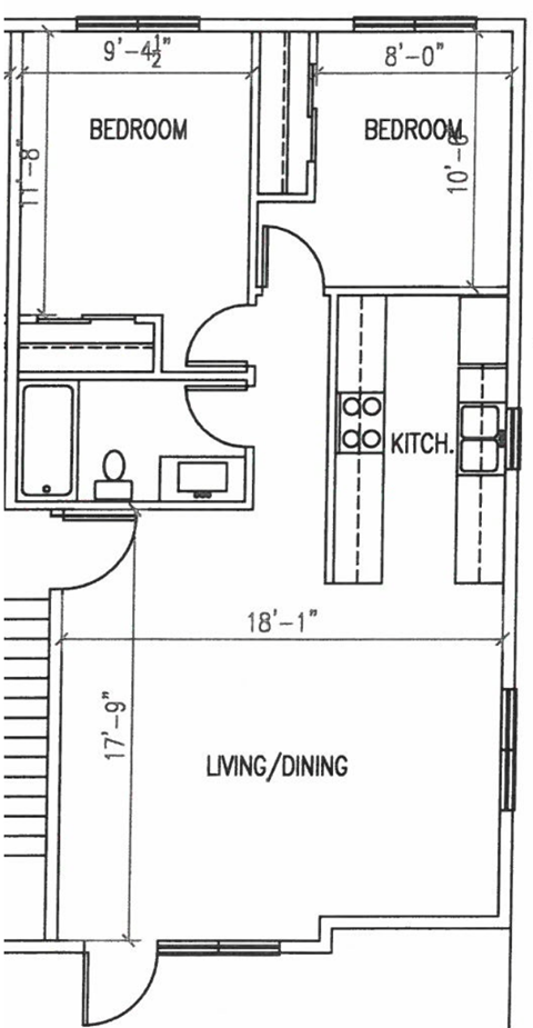 Floor plan for 2 beds, 1 bath, 762 sqft